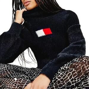 Tommy Jeans Fuzzy Flag Logo Cropped Turtleneck Cozy Sweater Black size XS